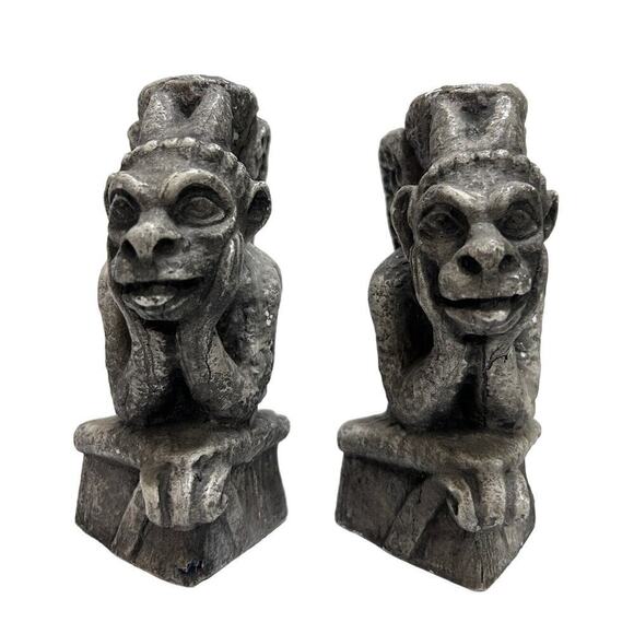 VTG Gargoyles Studio Chalkware Candle Holders New York Pair Gray Gothic Medieval - Picture 1 of 10